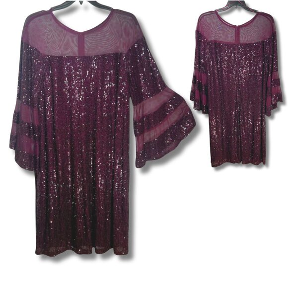 R&M Richard Short Plum Purple Sequin Mini Dress with Bell Batwing Sleeves 22W 22 - Picture 4 of 13